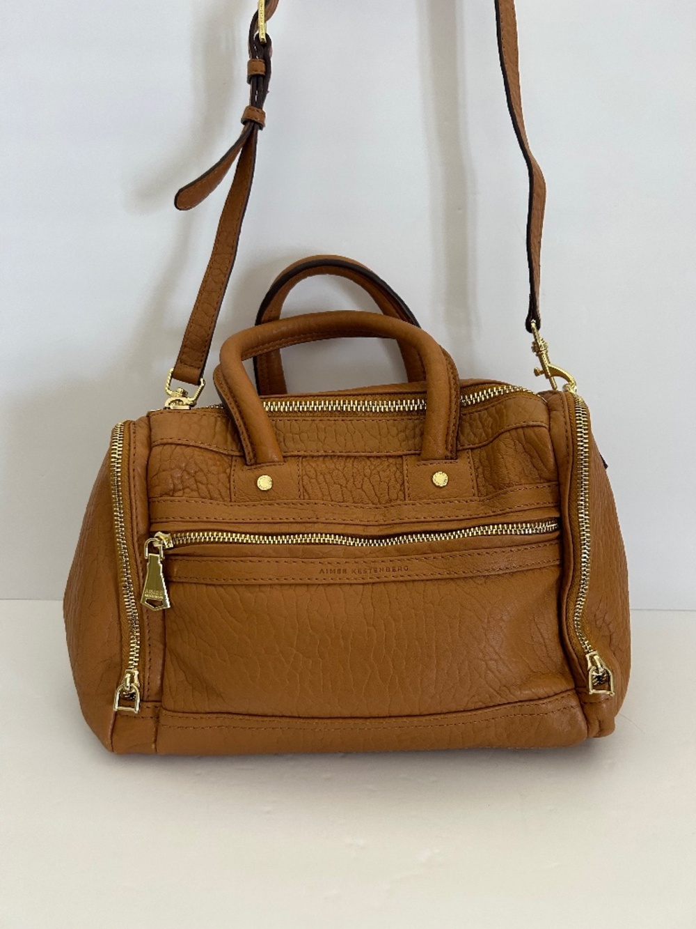 Aimee Kestenberg Car-Go Shoulder Satchel Rich Camel Pebbled Leather Gold Accents